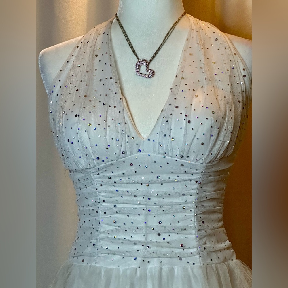Prom dress formal full length white fitted runched and rainbow sparkle spots